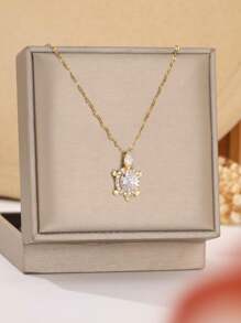 1 pieza Collar de tortuga colorida de la serie Ocean, estilo vacacional, material de cobre con circonita, cadena de labios de acero inoxidable, adecuado para mujeres, regalo ideal para parejas