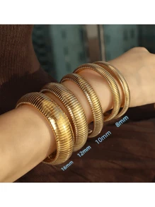 1pc 18K Gold Plated Elastic Vintage Thick Minimalist High-End Striped Bangle Bracelet, Gift For Women, Party Style, Ins Style, Women's Jewelry, Bohemian Style, Delicate Gift, Elegant Bracelet, Stainless Steel Gold Bracelet
