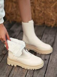 女士时尚保暖内衬休闲高帮靴 - 米色 - 查看 1