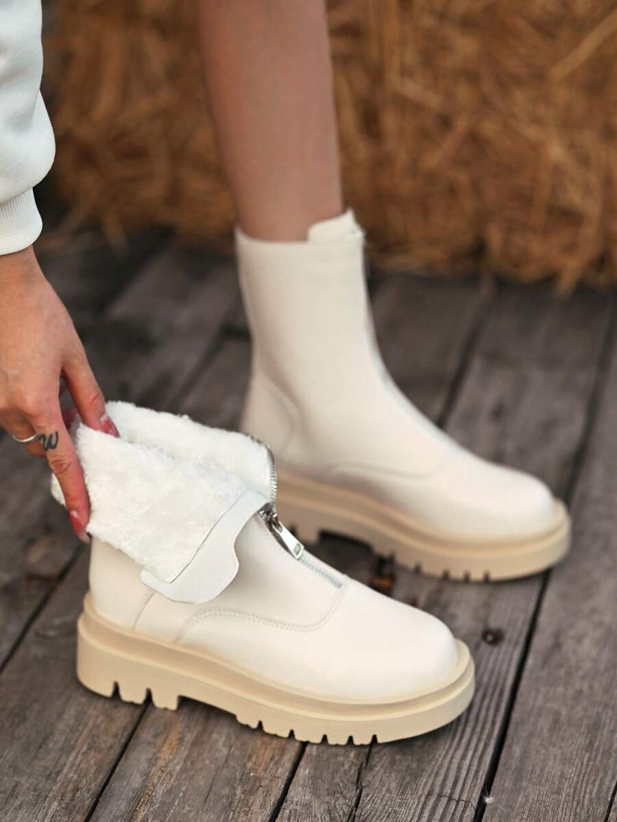 女士时尚保暖内衬休闲高帮靴 - 米色 - 查看 1