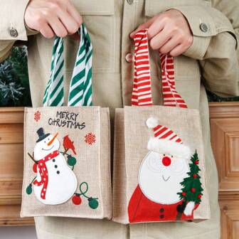 2pcs Cartoon Santa Claus & Snowman Print Gift Bags, Burlap Tote Bags For Candy, Fruits, Presents
