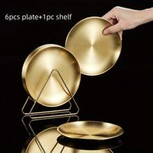 6 pièces Set d'assiettes en acier inoxydable de style coréen avec rack, plat rond peu profond pour barbecue, pot-au-feu, restaurant, assiette à en-cas d'os. Cadeau de Noël, fournitures scolaires