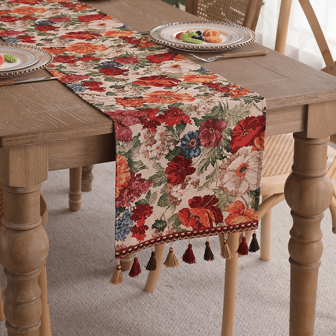 1pc Jacquard Weave Floral Patterned Black Tablecloth With Tassel