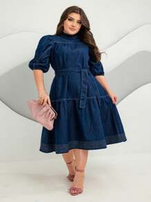Women's Midi Dress, Godet, Puff Sleeves, High Neck, Elegant - Dark Wash - View 1