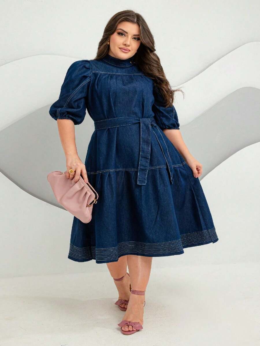 Women's Midi Dress, Godet, Puff Sleeves, High Neck, Elegant - Dark Wash - View 1