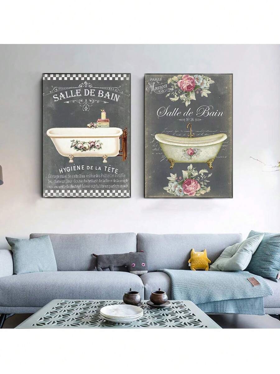 1幅法式浴室装饰画，复古海报，Le Bain黑板风格，做旧精美墙面艺术帆布画，无框。 - 彩色 - 查看 1