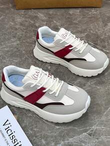 韩版厚底厚底运动鞋，街头时尚学生跑步鞋，男女通用复古经典休闲运动鞋，圆头，透气，舒适系带，平跟，适合所有季节 - 紅色 - 查看 5