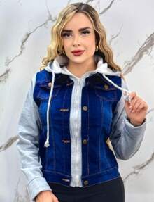 Denim Jacket With Plush Sleeves - 藏蓝色 - 查看 1