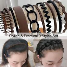 9pcs Set Toothed Headbands, Non-Slip Matte Hair Ties, Simple Cute Style, Solid Color Comb Tooth Hair Accessories Set, Hair Bands - 9pcs/set - View 16