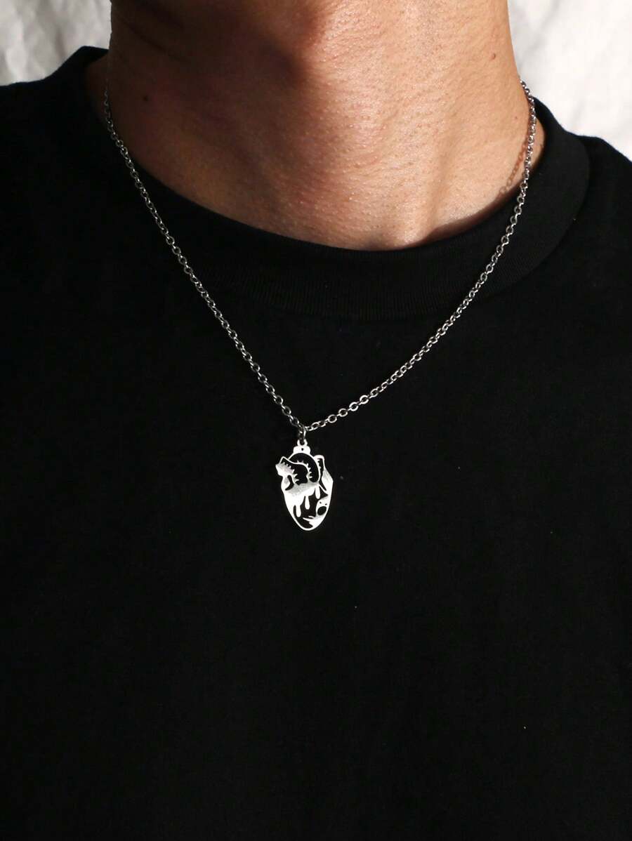 欧美流行心形吊坠项链，个性不锈钢项链，嘻哈风格奢华感，百搭男女通用配饰吊坠 - 銀色 - 查看 1