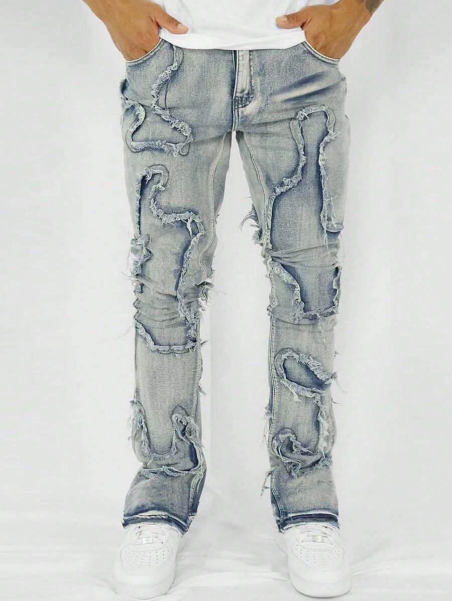 Men's Casual Distressed Patchwork Slim-Fit Denim Jeans - Blue - View 1