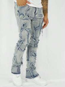 Men's Casual Distressed Patchwork Slim-Fit Denim Jeans - Blue - View 3