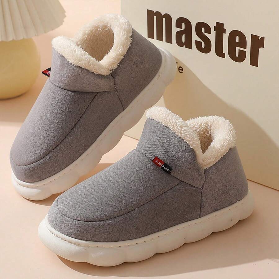 Dép đế bằng siêu mềm cho nữ, mũi tròn trơn màu, giày đi trong nhà/ngoài trời ấm áp thoải mái cho mùa đông - Xám - Xem 1