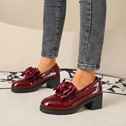 2024 Women Glossy Patent Leather Bowknot Mid-Heel Retro Loafers, Plus Size Fashion Casual Comfortable Non-Slip Wear-Resistant Slip-On Platform Wedge Shoes