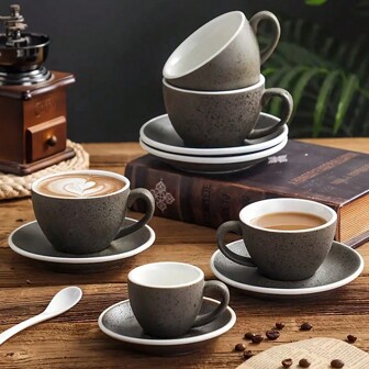 1 套复古风格陶瓷咖啡杯碟套装，10.14 盎司 - 适合浓缩咖啡、卡布奇诺和拿铁艺术，可用洗碗机清洗，适合返校
