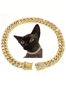 1pc Pet Dog Big Gold Chain Collar Decoration, 45cm/17.71in Cat Necklace With Cubic Zirconia, Chain And Clasp