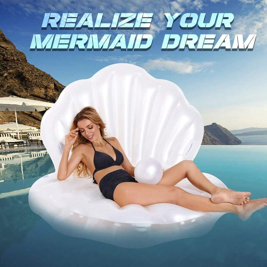 1 Pc Inflatable Seashell Pool Float, 63" L Blow Up Giant Clam Floatie With Pearl Ball, Shell Pool Floating Ride On Raft Chair For Swimming Pool Summer Beach Party For Adults Can Be Used For Taking Photos, Beach Essentials, Beach Accessories - Multicolor - View 1