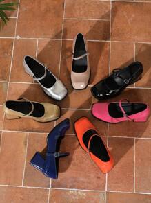 女士高跟鞋，低帮时尚百搭玛丽珍鞋，法式皮鞋，方头粗跟复古法式高跟鞋