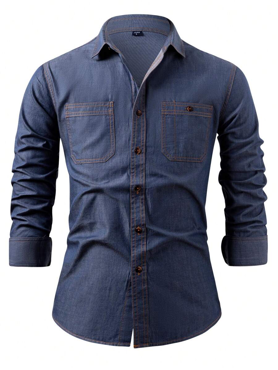 Men's Denim Top Shirt Long-Sleeved Casual Fashion Japanese Retro Plain Fashion New Pocketed Cotton Shirt Jacket - 霧霾藍 - 查看 1