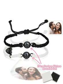 2pcs Custom Photo Projection Adjustable Bracelet With Magnetic Heart-Shaped Pendant, Couples Gift For Christmas