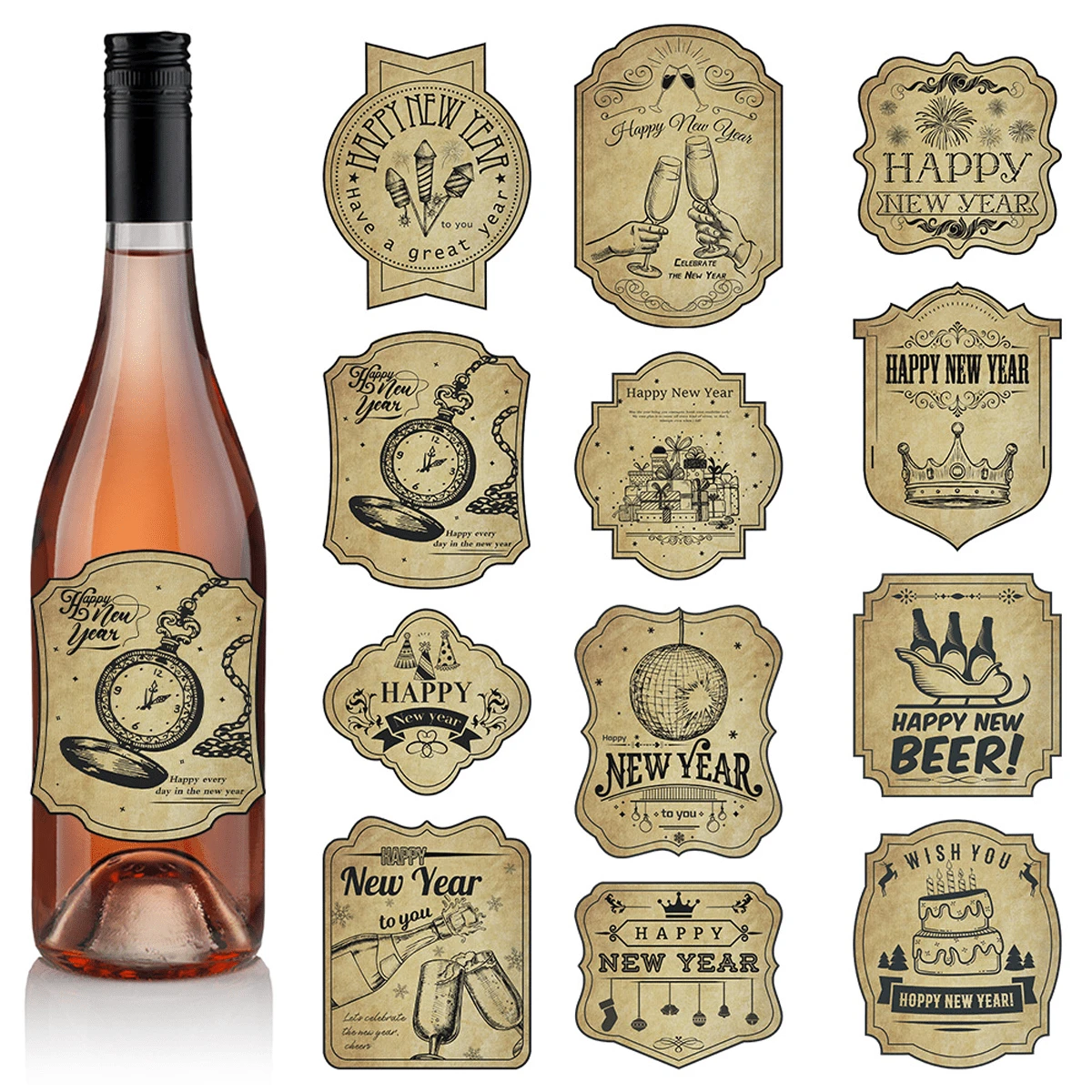 Happy New Year Wine Bottle Stickers, 12 Styles 2025 New Year Bottle