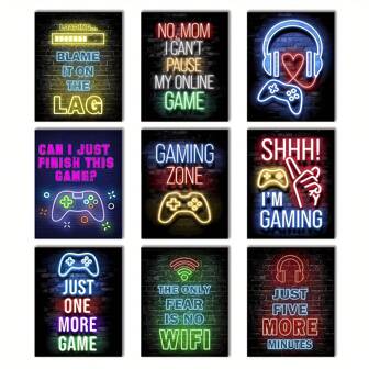 9pcs Neon Gamer Quotes Posters Prints, Gaming Room Decor Wall Art, Modern Neon Gaming Decor For Living Room, Bedroom, Office, Bar Game Room Decor, No Frame, 8 X 10 INCH,Canvas Gifts Birthday Graduation