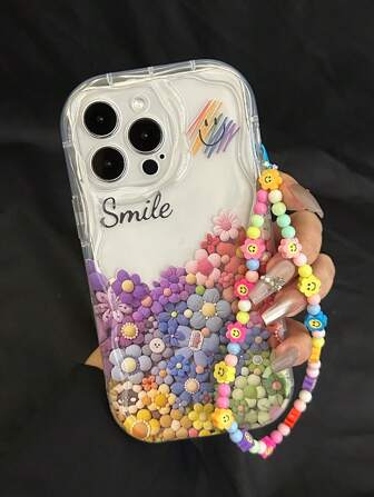 夏日苹果笑脸、花朵和奶油纹理波浪边彩绘手链带透明直边穿孔极简防摔厚手机保护壳，适用于 15 XR /7/8、 15 Promax/12 Promax/13 Promax/14 Promax、13、14、11、12P、14 女款 P11 软壳 P12 防摔 XS.XR /78P.78GES2 手机壳防水防震防刮