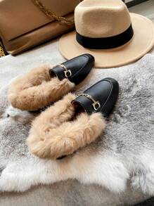 Mengshangli Giày bệt nữ đế bằng mềm mại, lót lông thỏ ấm áp, thích hợp mang trong nhà hoặc ngoài trời. - màu đen - Xem 4