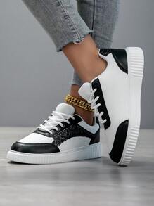 Nuevos zapatos planos de lona de moda para mujer con decoración de lentejuelas en negro y blanco, cómodos tenis de estilo callejero casual