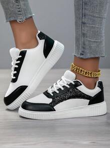 Nuevos zapatos planos de lona de moda para mujer con decoración de lentejuelas en negro y blanco, cómodos tenis de estilo callejero casual