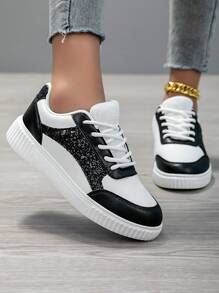 Nuevos zapatos planos de lona de moda para mujer con decoración de lentejuelas en negro y blanco, cómodos tenis de estilo callejero casual