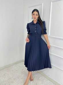 Vestido Midi Feminino com botão Manga Curto Cintura Alta Plissado