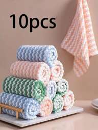 10pcs Reusable Water Wave Pattern Dishcloths, Thick Coral Fleece Non-Stick Oil Slouchy Cleaning Rags For Kitchen