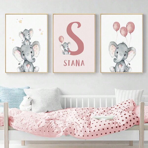 3pcs Cute Elephant Personalized Baby's Name Custom Poster Canvas Painting Nursery Wall Art Print Pictures Gift Baby Room Home Decor, Valentine Day, Valentine Day Decor Gifts Birthday Graduation