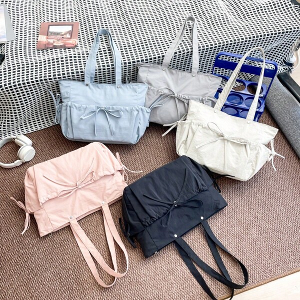 1pc Women Solid Color Minimalist Shoulder Bag, Large Capacity Outdoor Tote Bag, Fashion Bowknot Decor