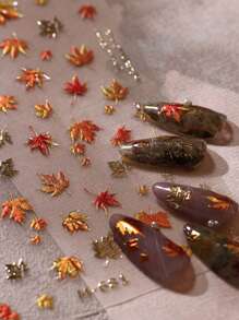1pc Autumn Maple Leaf & Cream Nail Art Sticker, Ginkgo Leaf Farewell Nail Decals DIY - Multicolor - View 1