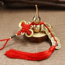 中国结流苏吊坠，风水汽车吊坠，家居摆设五帝钱铜葫芦吊坠。家居进门汽车吊坠。中国结真铜钱家居装饰摆件。圣诞节的理想礼物。，佛>金色，中国红结，中国结