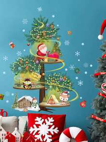 1pc Cartoon Santa Claus Wreath Sticker, Tree Design Glass Window Decals, Holiday Decorative Window Clings Baby Shower Family Decorations Gifts - Multicolor - View 9