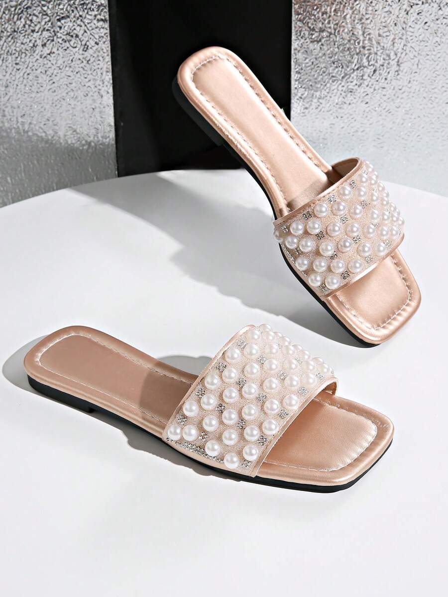 Women's Flat Pearl Rhinestone Sandals Summer SlipOn OneWord Slides
