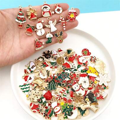 20/30/50/100 件随机混色圣诞风格珐琅合金饰品/吊坠，DIY 珠宝制作组件，装饰配件