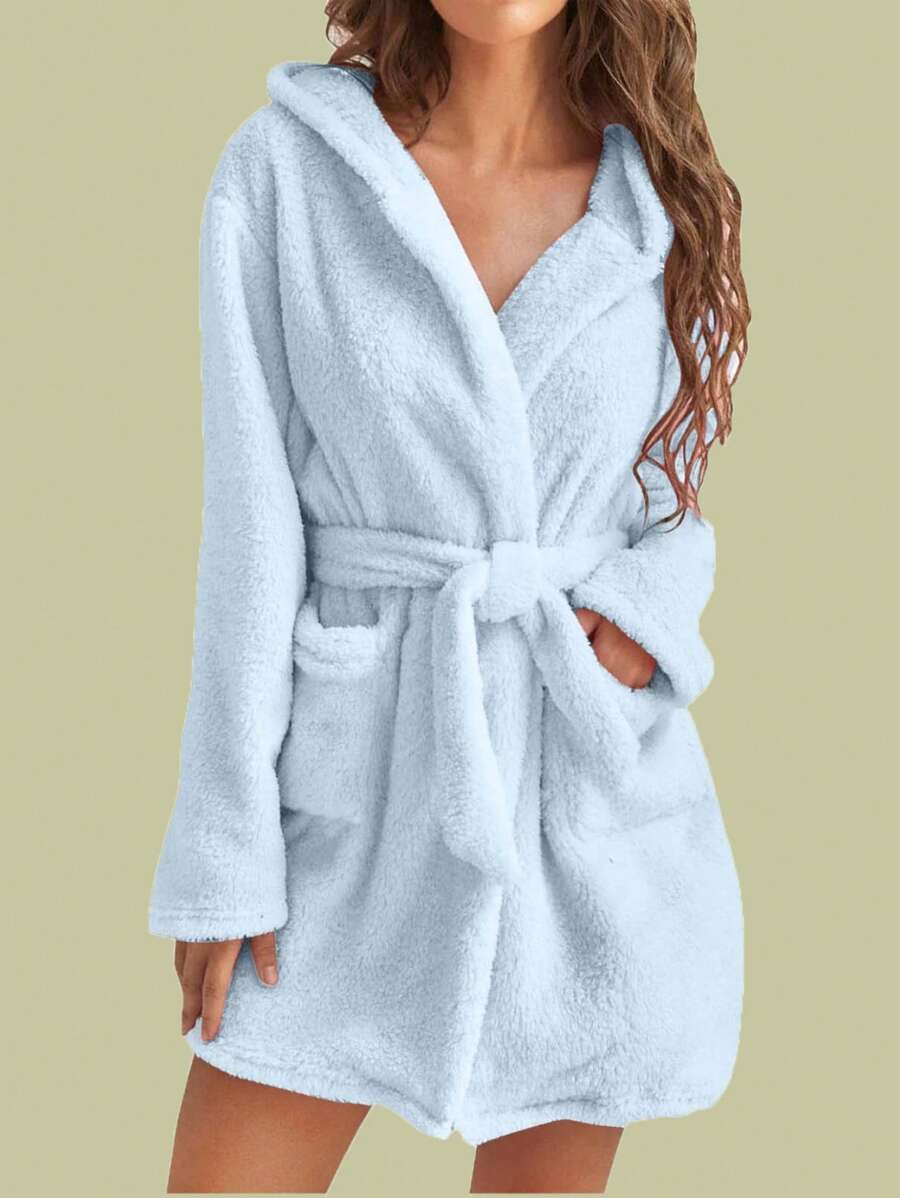 1pc Women Solid Color Hooded Belted Plush Sleepwear Robe, Cozy And Warm For Autumn/Winter, Fall - Baby Blue - View 1