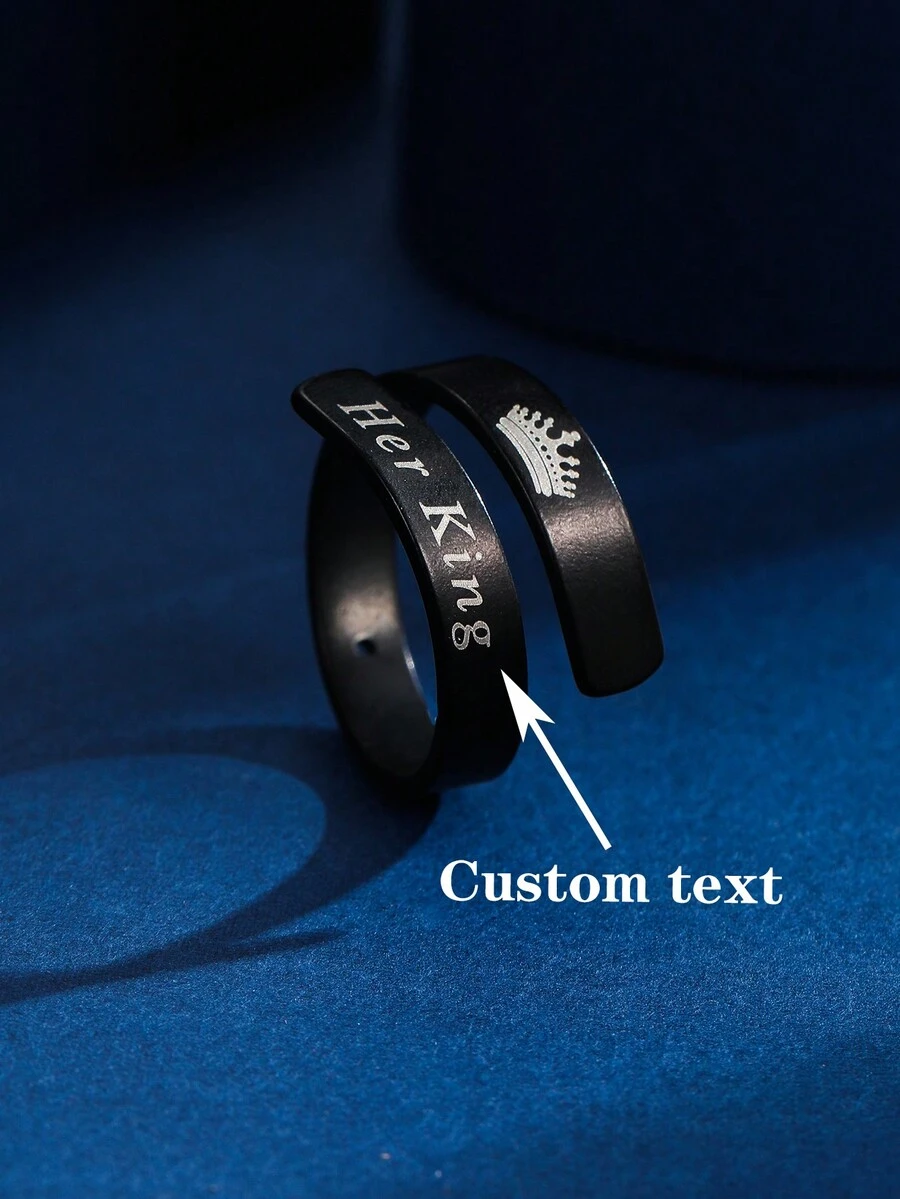 定制不锈钢简约风格纯色低调奢华定制雕刻 2 个英文名字螺旋开口戒指男士，时尚配饰珠宝，送给恋人、朋友、家人的礼物 - 黑色 - 查看 1