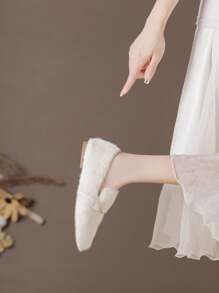 Women's Flat Fuzzy Shoes, New Fashionable Outdoor Flat Shoes, Round-Toe With Fur Lining, Warm And Soft Loafers, Comfortable Mary Jane Flats