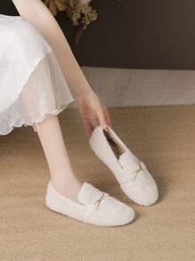 Women's Flat Fuzzy Shoes, New Fashionable Outdoor Flat Shoes, Round-Toe With Fur Lining, Warm And Soft Loafers, Comfortable Mary Jane Flats