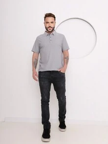 Men's Short-Sleeved Polo Shirt Monochrome Ice Silk Quick-Drying Imported Fabric With Elasticity - 灰色 - 查看 3