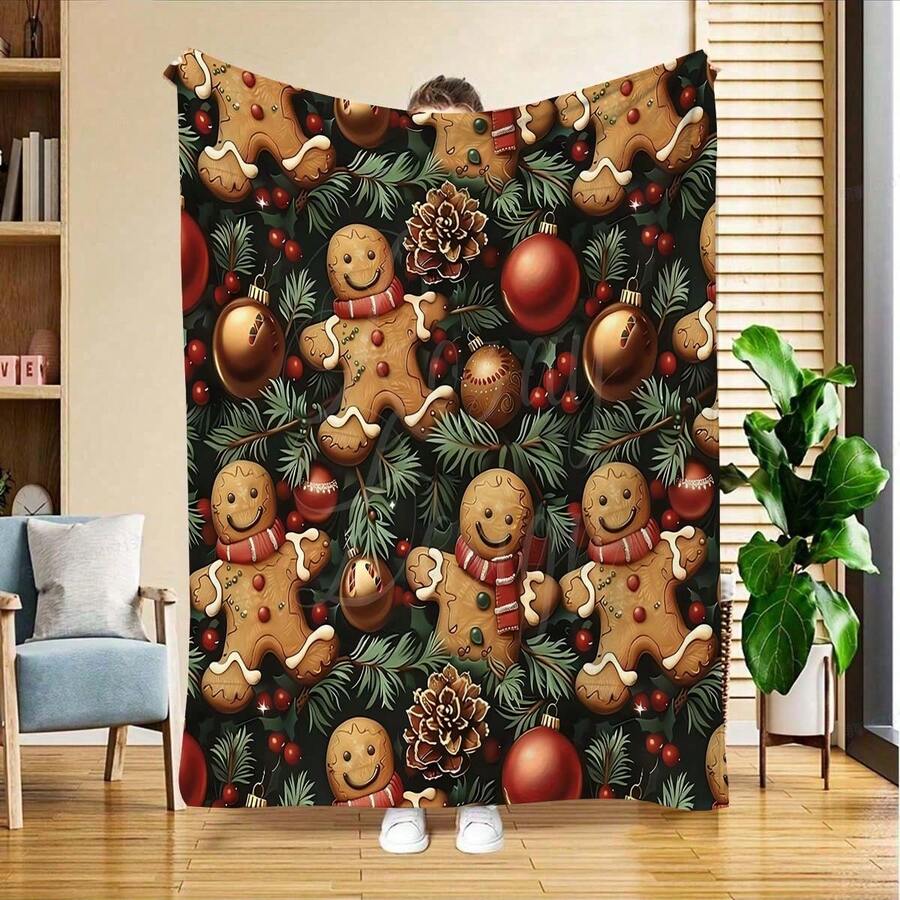 1 chiếc chăn nhung mềm họa tiết người đàn ông bánh gừng và đồ trang trí Giáng sinh, chăn vải nỉ in kỹ thuật số ấm áp và thoải mái phù hợp cho mọi mùa, món quà tuyệt vời cho bạn bè và gia đình, chăn ấm áp đa năng cho ghế sofa, ngủ trưa ở văn phòng, ký túc xá - Nhiều màu - Xem 1
