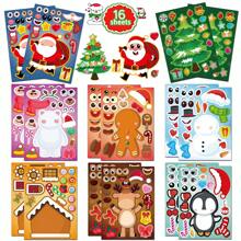 16 Blatt zum Selbstgestalten von Weihnachts-Aufklebern, Weihnachtsmann, Rentier, Schneemann Aufkleber, wasserfeste Feiertags-Aufkleber, Party-Gastgeschenke, Weihnachts-Bastel-Aufkleber, Weihnachts-Klassenzimmer-Aufkleber