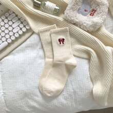 1双/5双女士勃艮第酒红色中筒袜，休闲百搭长袜，适合秋冬 - 彩色 - 查看 14