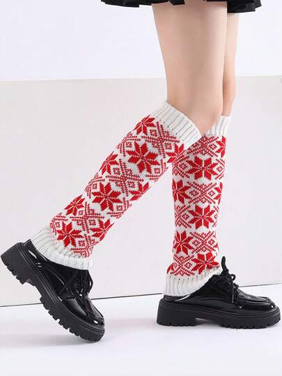 1 Paar Weihnachten Rentier & Schneeflocken Muster Stulpen für Damen, hält warm für Herbst/Winter