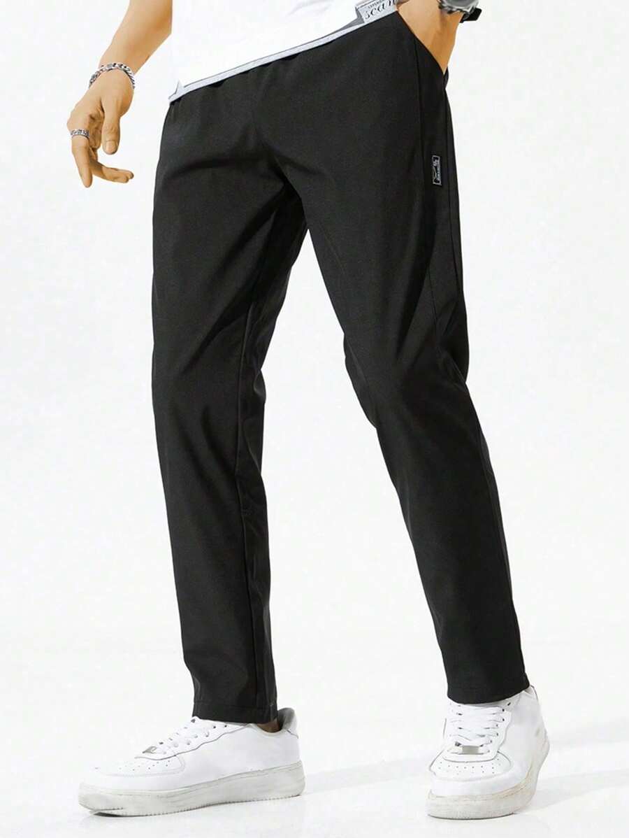 Men's Cool Zipper Pocket Drawstring Waist Long Pants, Fall - Black - View 1